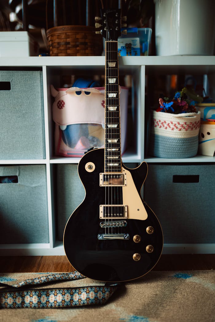 Elegant black electric guitar leaning against shelves in a cozy room.